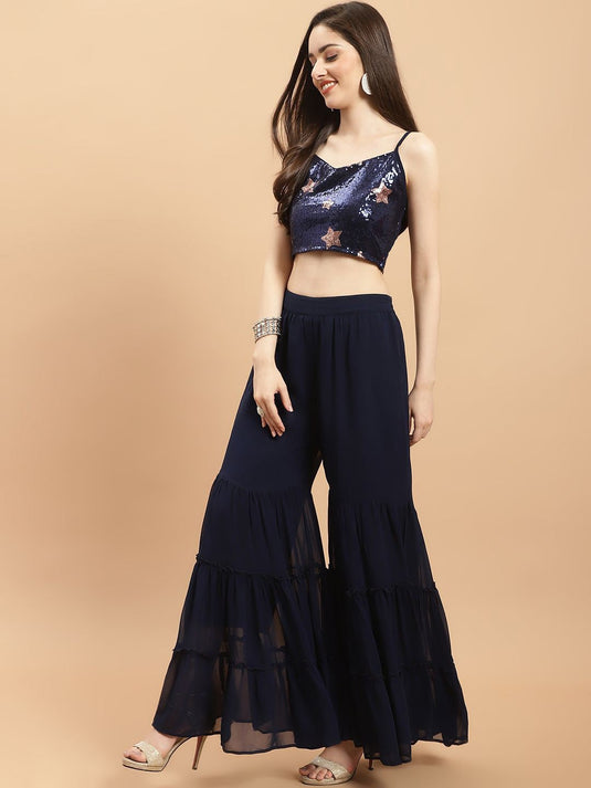 Embellished Sequinned Crop Top with Sharara & Jacket