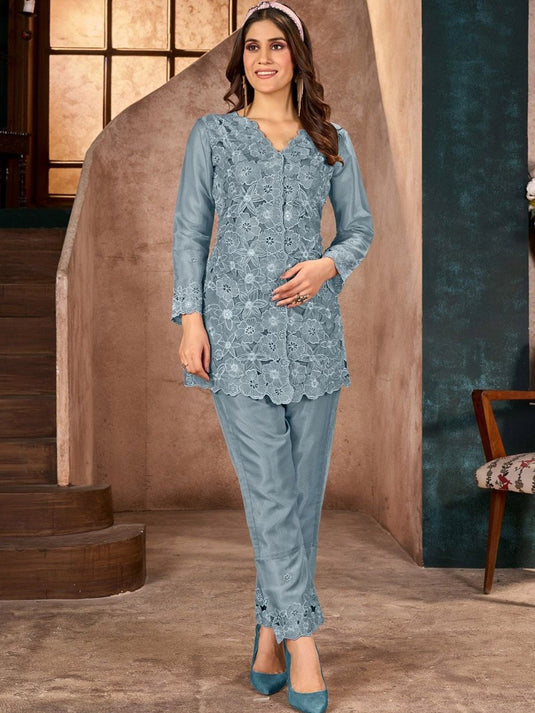 Women Self Design Full Cutwork Tunic & Trousers Co-ord Set