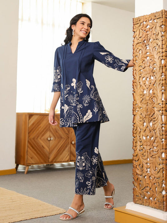 Floral Printed Pure Cotton Tunic With Trouser Co-Ord Set