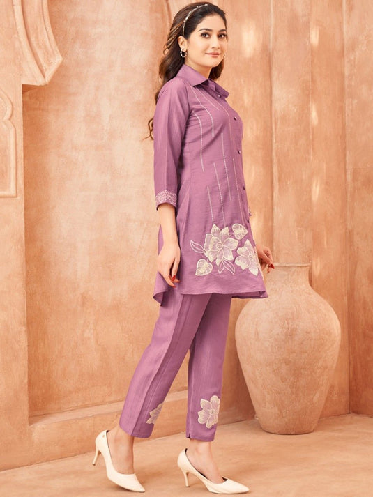 Floral Printed Shirt Collar Tunic With Trouser