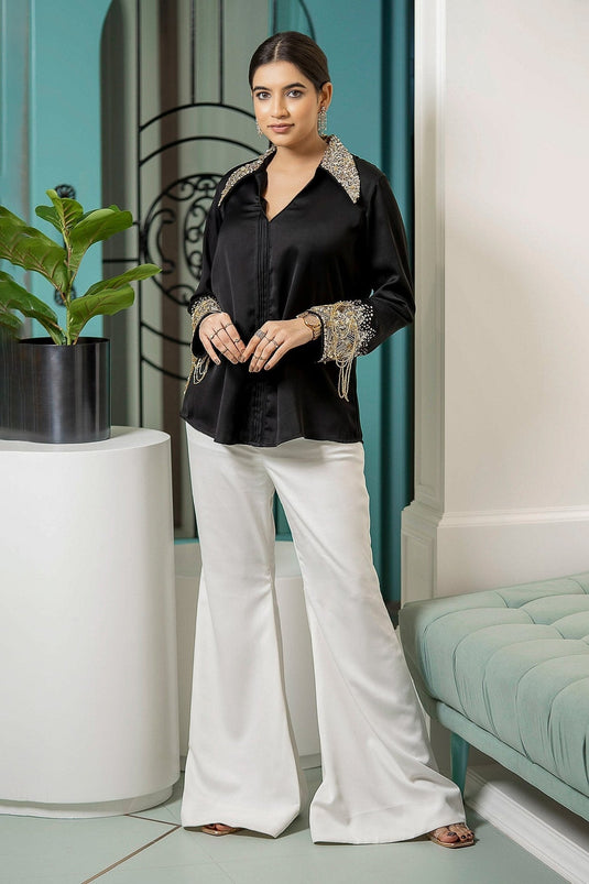 Black Milano Satin Ellen Embellished Shirt And Pant Set