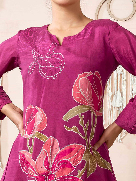 Floral Printed Notch Neck Sequinned Tunic With Trousers